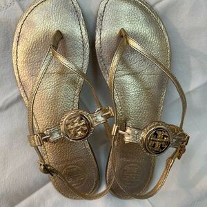 Tory Burch Ali Gold Leather Logo Thong Sandals